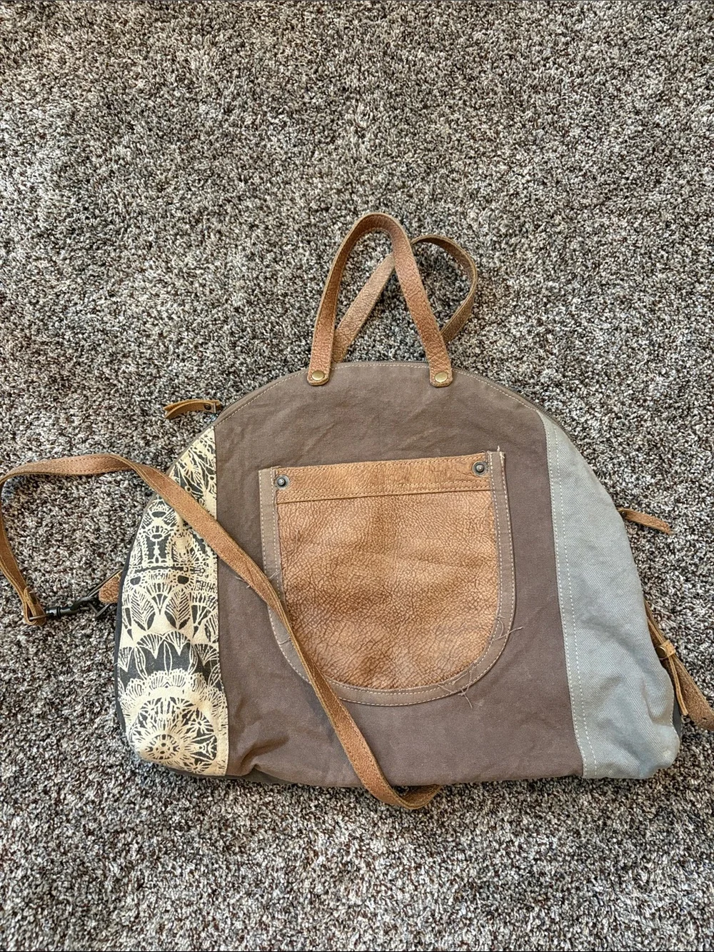 Men's Brown Patchwork Canvas & Leather Travel Bag